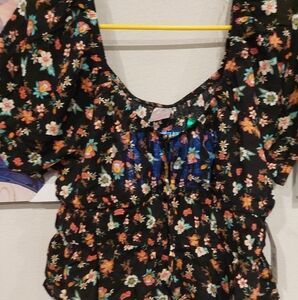 Women Nobo black cotton floral elastic waist baby doll top